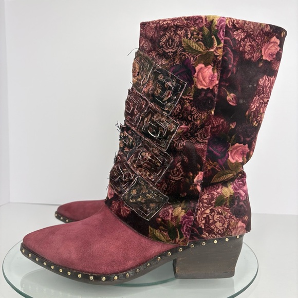 A.S.98 Saint Patchwork Floral Velvet Suede Leather Studded Boots Boho Size 9 - Picture 3 of 11